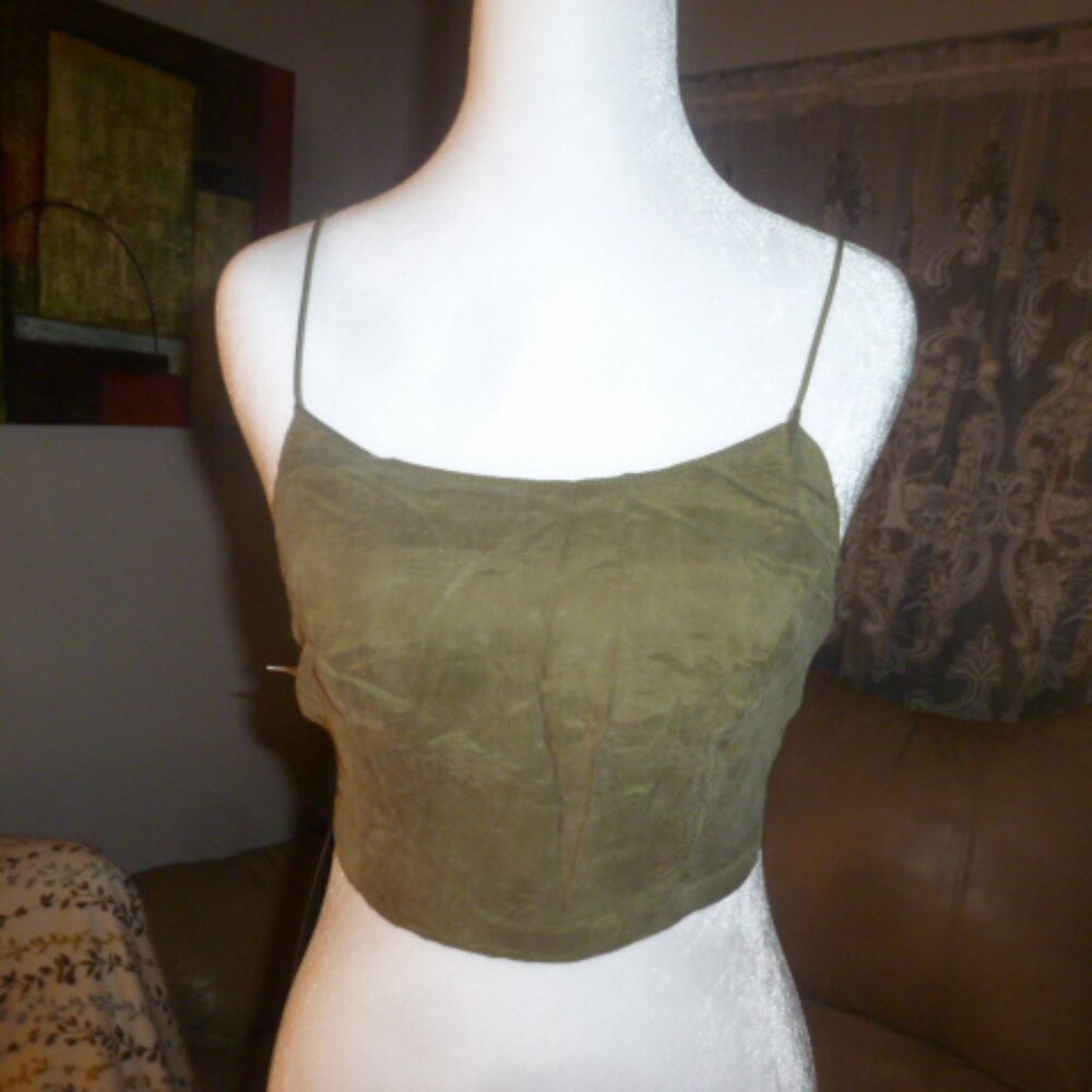 NWT LOCAL EUROPEAN women olive green cupro backless tie back cropped tank top